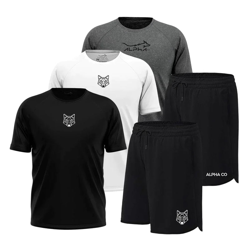KIT 5 PEÇAS DRY FIT: 3 CAMISETAS + 2 – BERMUDAS Confortável